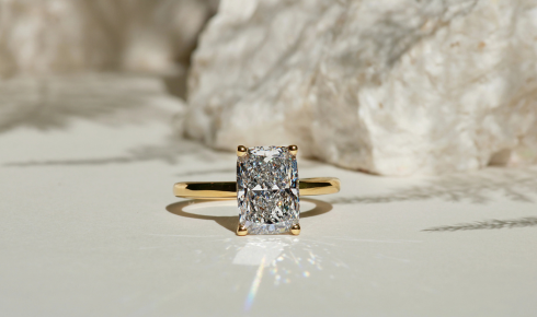 Lily Arkwright elongated cushion lab diamond rings